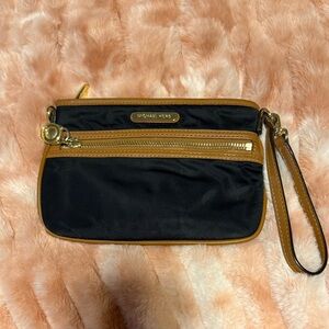 Michael Kors Black and Tan Wristlet with Gold Accents